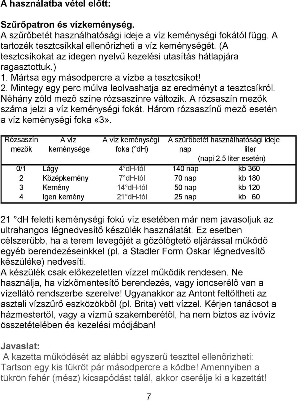 Néhány zöld mező színe rózsaszínre változik. A rózsaszín mezők száma jelzi a víz keménységi fokát. Három rózsaszínű mező esetén a víz keménységi foka «3».