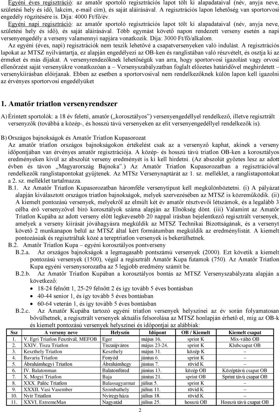 Egyéni napi regisztráció: az amatőr sportoló regisztrációs lapot tölt ki alapadataival (név, anyja neve, születési hely és idő), és saját aláírásával.