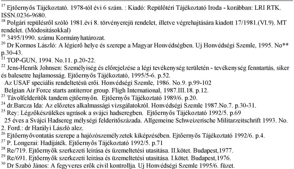 20 Dr Kormos László: A légierő helye és szerepe a Magyar Honvédségben. Uj Honvédségi Szemle, 1995. No** p.30-43. 21 TOP-GUN, 1994. No.11. p.20-22.