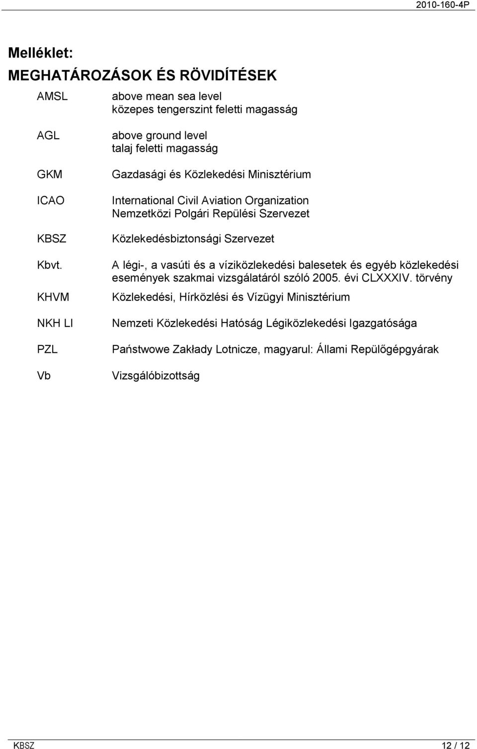 Repülési Szervezet Közlekedésbiztonsági Szervezet A légi-, a vasúti és a víziközlekedési balesetek és egyéb közlekedési események szakmai vizsgálatáról szóló 2005.