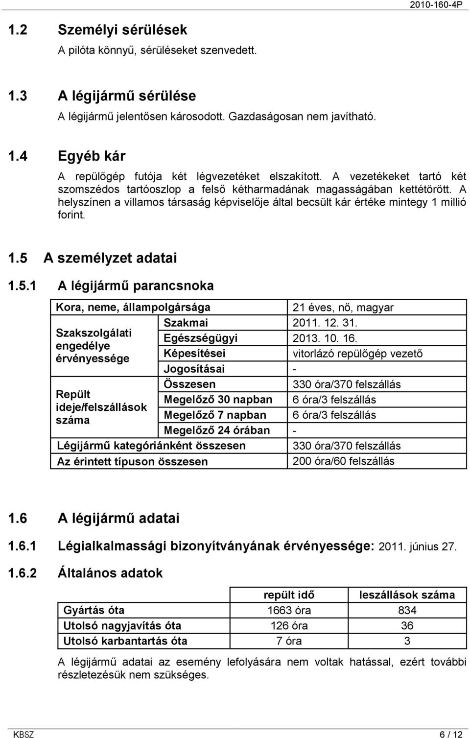 5.1 A légijármű parancsnoka Kora, neme, állampolgársága 21 éves, nő, magyar Szakmai 2011. 12. 31. Szakszolgálati Egészségügyi 2013. 10. 16.