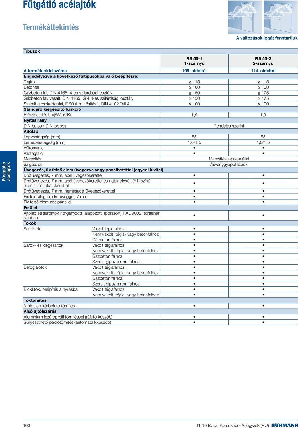 4-es szilárdsági osztály 150 175 Szerelt gipszkartonfal, F 90 A minősítésű, DIN 4102 Teil 4 100 100 Standard kiegészítő funkció Hőszigetelés U=(W/m 2 /K) 1,9 1,9 Nyitásirány DIN balos / DIN jobbos