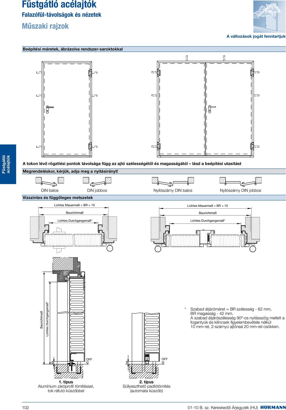 DIN balos DIN jobbos Nyílószárny DIN balos Nyílószárny DIN jobbos Vízszintes és függőleges metszetek Lichtes Mauermaß = BR + 10 Lichtes Mauermaß = BR + 10 Baurichtmaß Baurichtmaß Lichtes