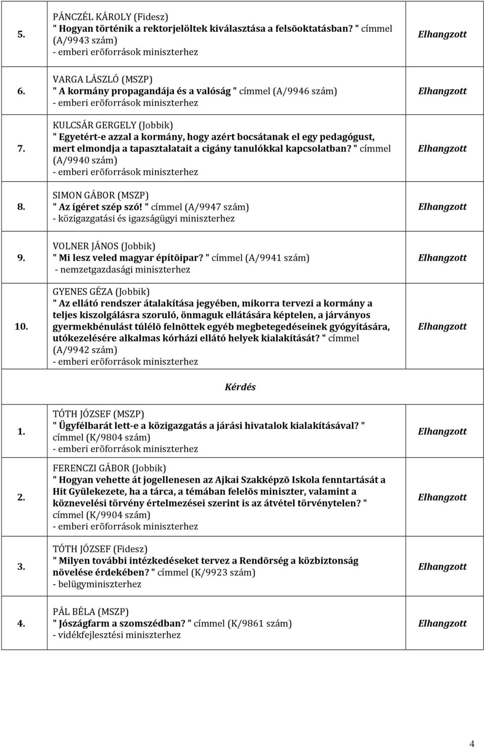 tapasztalatait a cigány tanulókkal kapcsolatban? " címmel (A/9940 szám) SIMON GÁBOR (MSZP) " Az ígéret szép szó! " címmel (A/9947 szám) - közigazgatási és igazságügyi miniszterhez 9. 10.