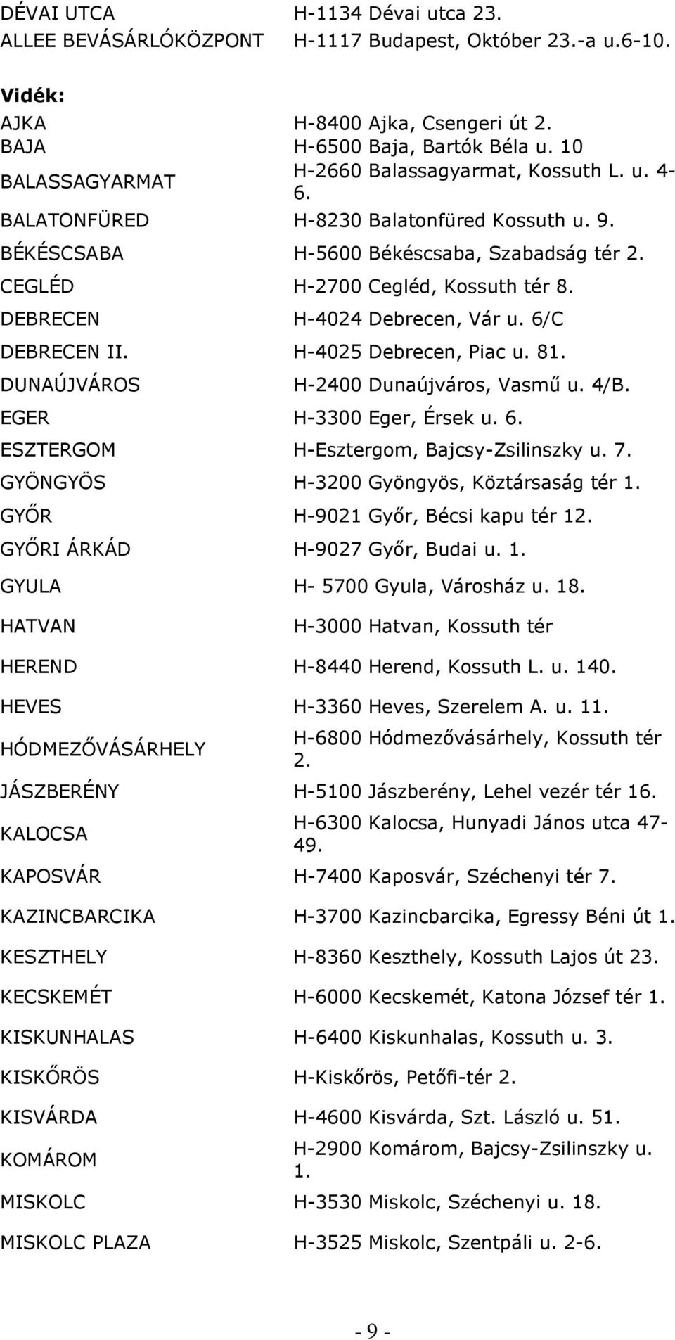 DEBRECEN H-4024 Debrecen, Vár u. 6/C DEBRECEN II. H-4025 Debrecen, Piac u. 81. DUNAÚJVÁROS H-2400 Dunaújváros, Vasmő u. 4/B. EGER H-3300 Eger, Érsek u. 6. ESZTERGOM H-Esztergom, Bajcsy-Zsilinszky u.