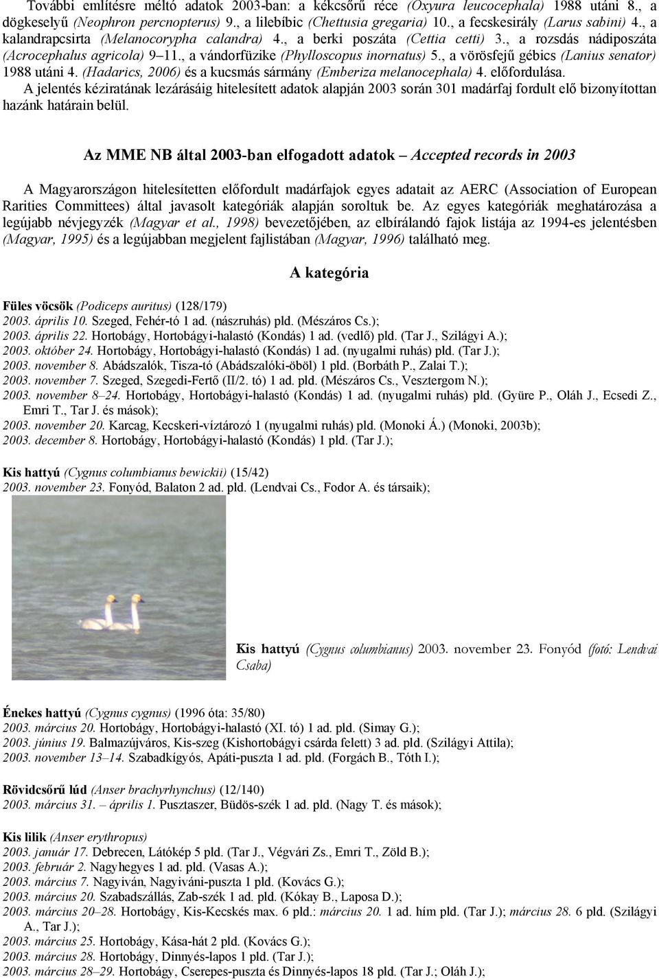 , a vándorfüzike (Phylloscopus inornatus) 5., a vörösfejű gébics (Lanius senator) 1988 utáni 4. (Hadarics, 2006) és a kucsmás sármány (Emberiza melanocephala) 4. előfordulása.