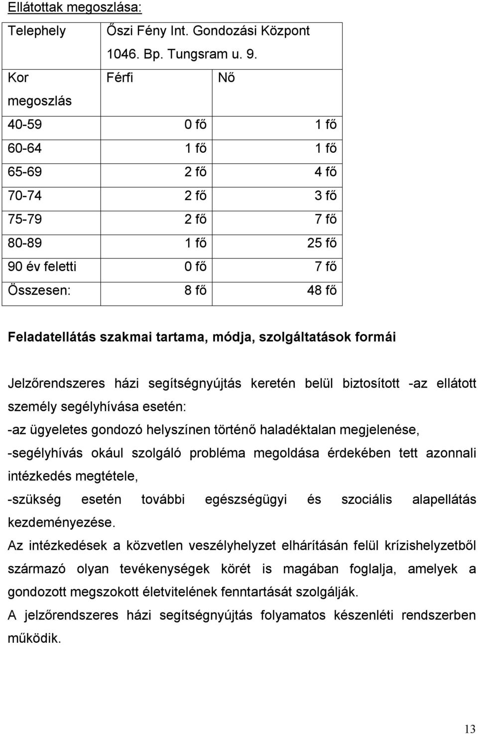 módja, szolgáltatások formái Jelzőrendszeres házi segítségnyújtás keretén belül biztosított -az ellátott személy segélyhívása esetén: -az ügyeletes gondozó helyszínen történő haladéktalan