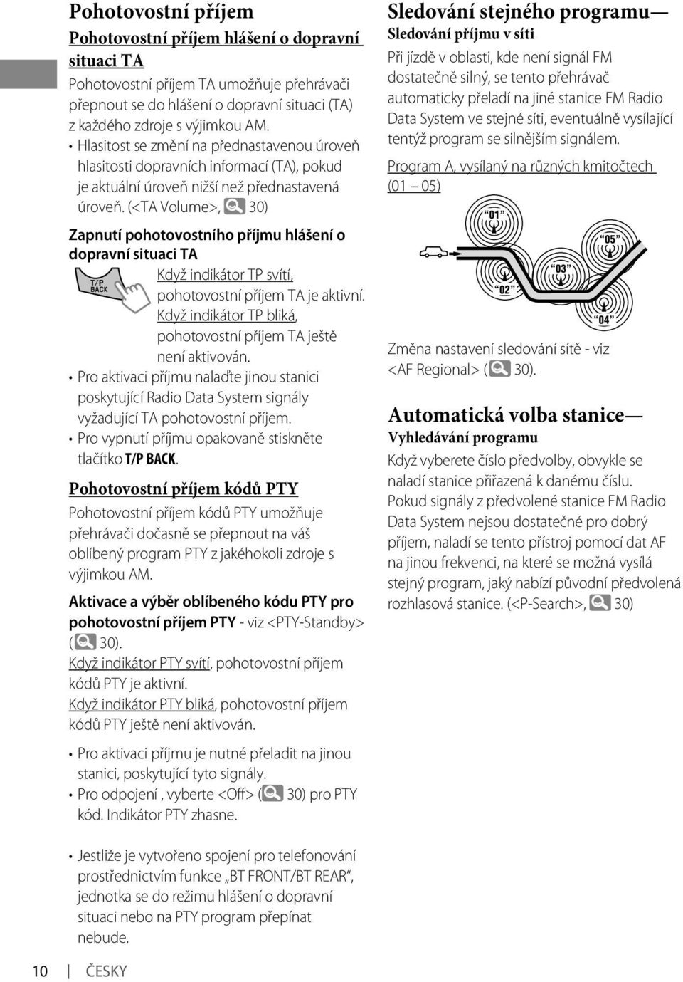 (<TA Volume>, 30) Zapnutí pohotovostního příjmu hlášení o dopravní situaci TA Když indikátor TP svítí, pohotovostní příjem TA je aktivní.