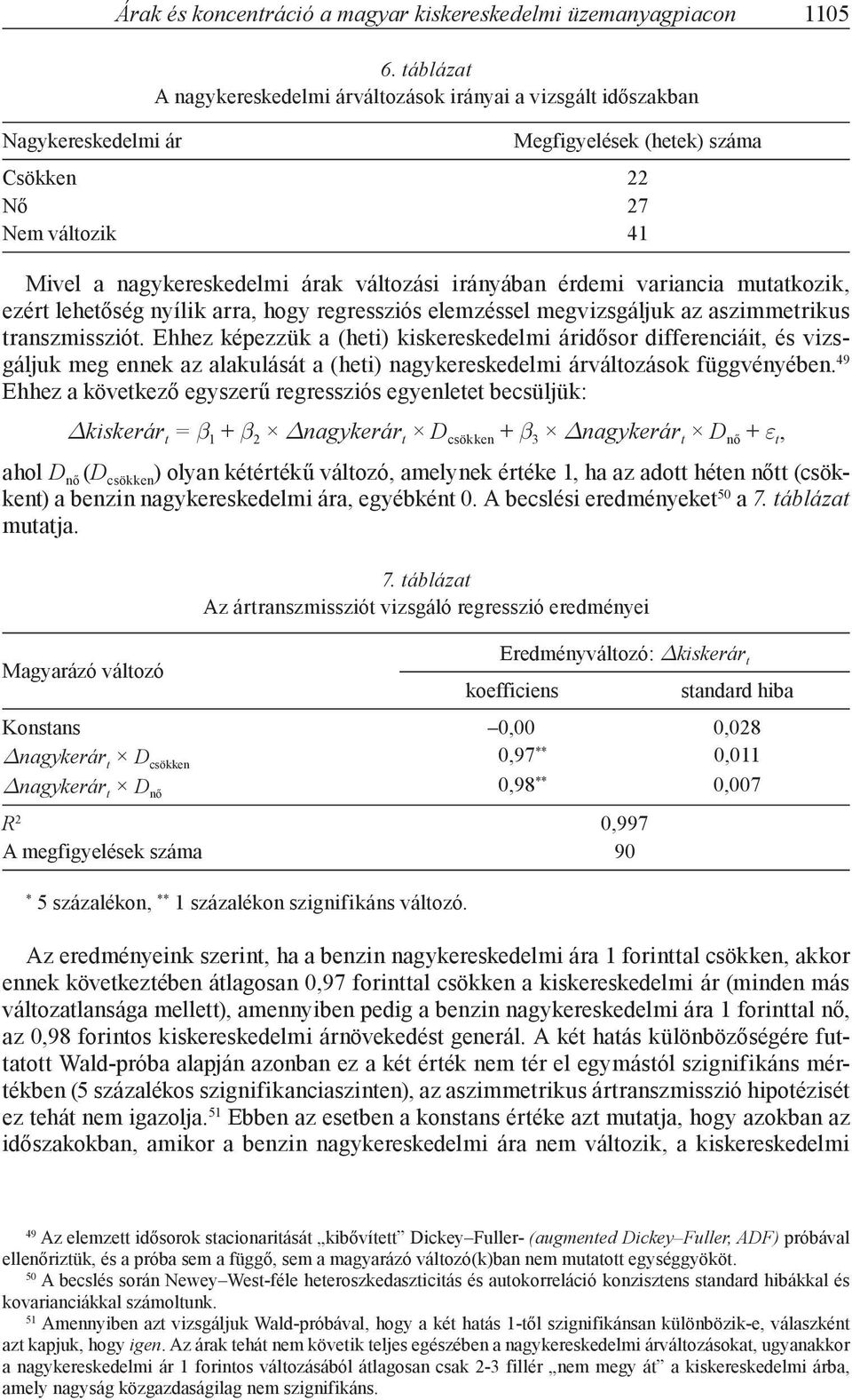 mutatkozik, ezért lehetőség nyílik arra, hogy regressziós elemzéssel megvizsgáljuk az aszimmetrikus transzmissziót.