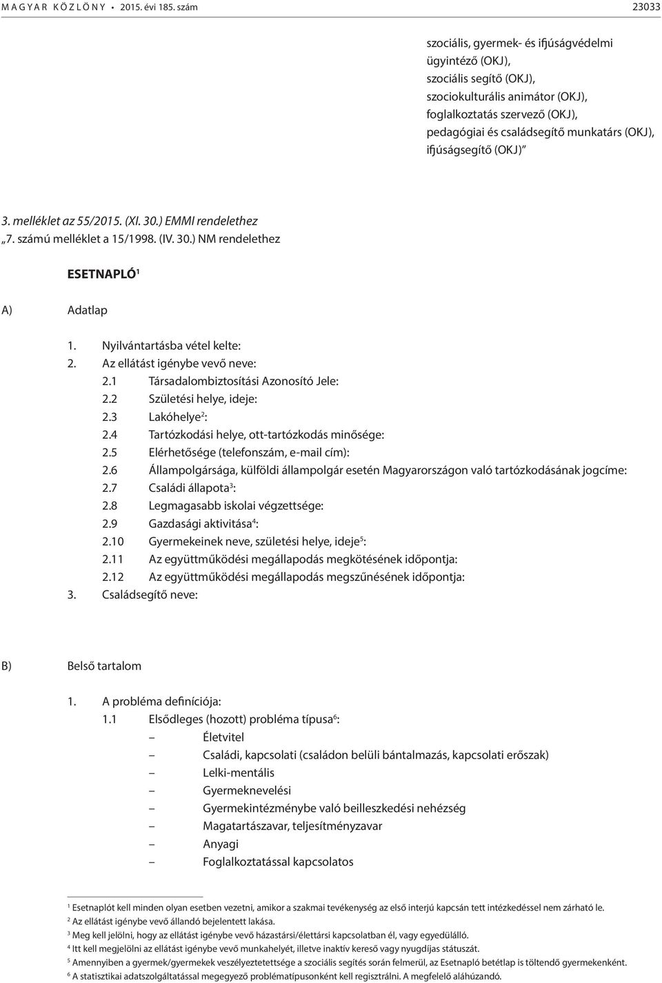 ifjúságsegítő (OKJ) 3. melléklet az 55/2015. (XI. 30.) EMMI rendelethez 7. számú melléklet a 15/1998. (IV. 30.) NM rendelethez ESETNAPLÓ 1 A) Adatlap 1. Nyilvántartásba vétel kelte: 2.