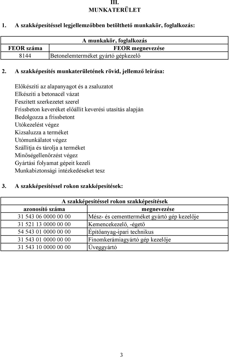 utasítás alapján Bedolgozza a frissbetont Utókezelést végez Kizsaluzza a terméket Utómunkálatot végez Szállítja és tárolja a terméket Minőségellenőrzést végez Gyártási folyamat gépeit kezeli