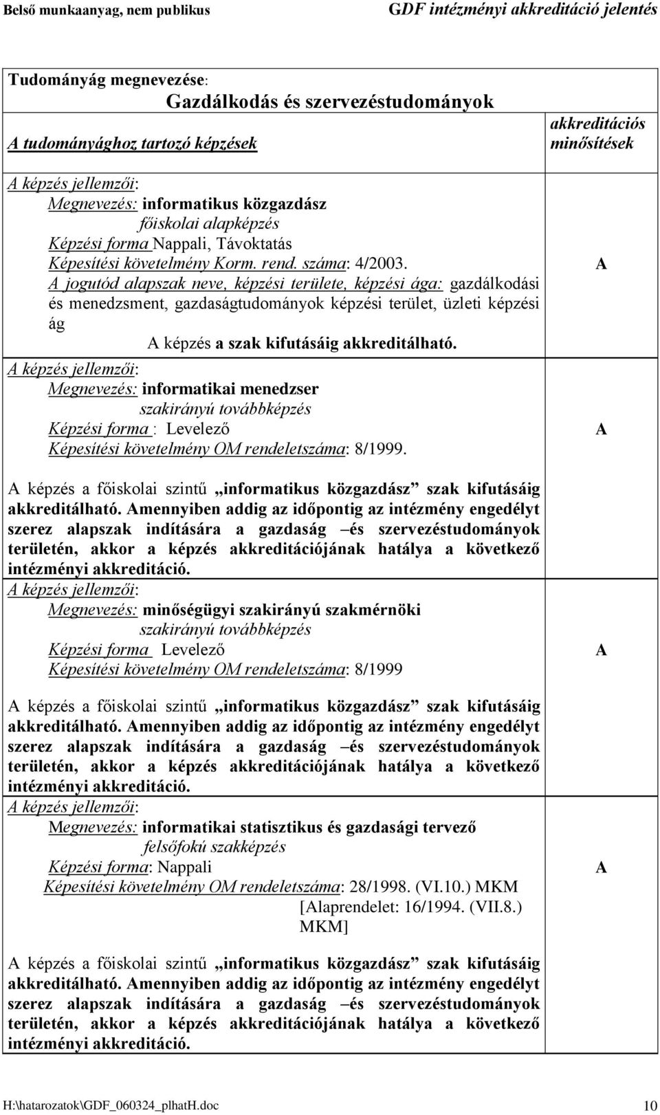 jogutód alapszak neve, képzési területe, képzési ága: gazdálkodási és menedzsment, gazdaságtudományok képzési terület, üzleti képzési ág képzés a szak kifutásáig akkreditálható.