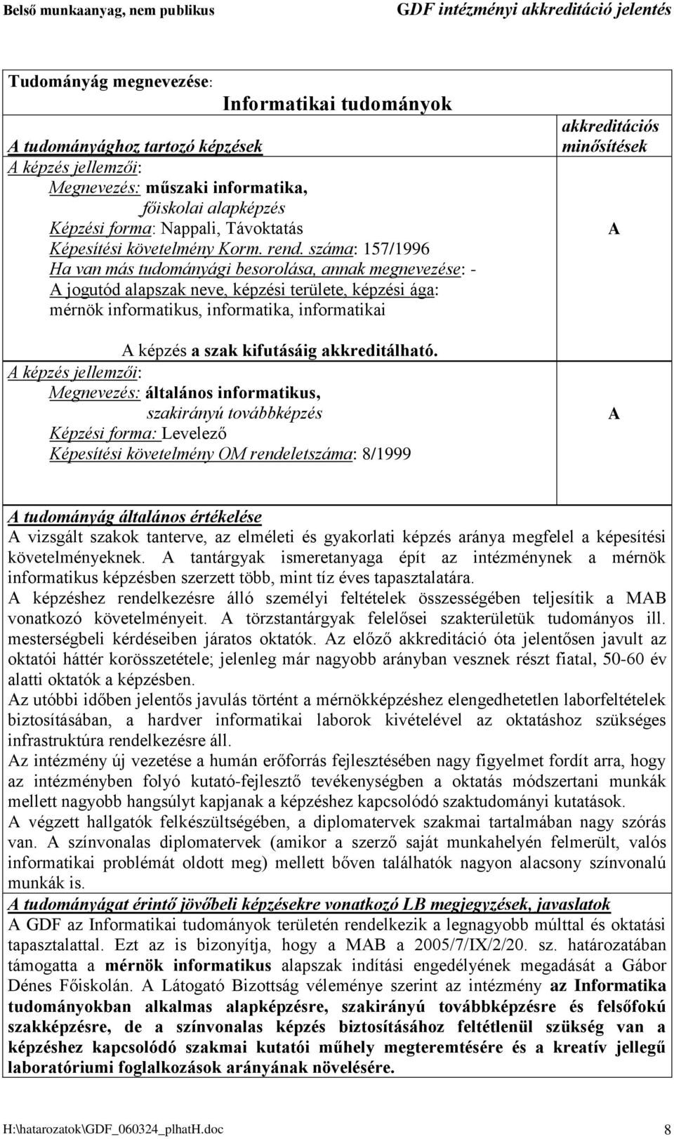 száma: 157/1996 Ha van más tudományági besorolása, annak megnevezése: - jogutód alapszak neve, képzési területe, képzési ága: mérnök informatikus, informatika, informatikai képzés a szak kifutásáig