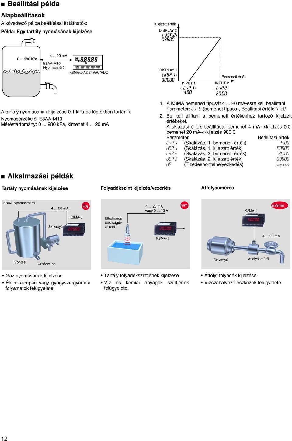 .. 980 kpa, kimenet 4... 20 ma Alkalmazási példák 1. A K3MA bemeneti típusát 4... 20 ma-esre kell beállítani Paraméter: in-t (bemenet típusa), Beállítási : 4-20 2.