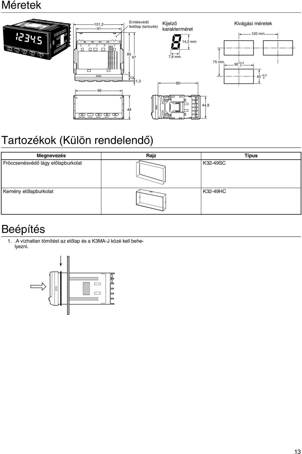 92 +0,5 0 12 1,3 80 45 +0,5 0 96 48 44,8 MAX/MIN LEVEL MODE SHIFT UP Tartozékok (Külön rendelendõ)