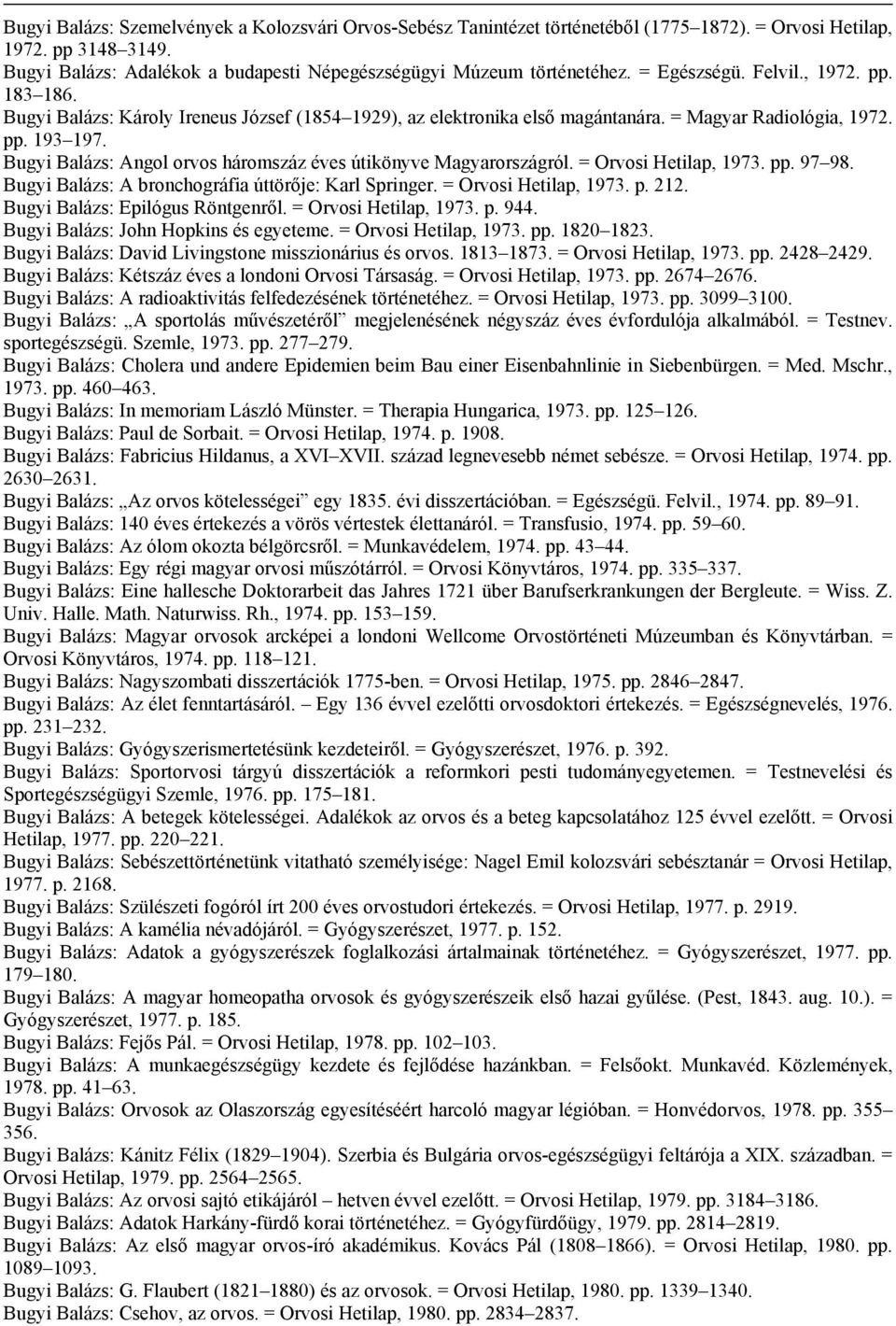 Bugyi Balázs: Angol orvos háromszáz éves útikönyve Magyarországról. = Orvosi Hetilap, 1973. pp. 97 98. Bugyi Balázs: A bronchográfia úttörője: Karl Springer. = Orvosi Hetilap, 1973. p. 212.