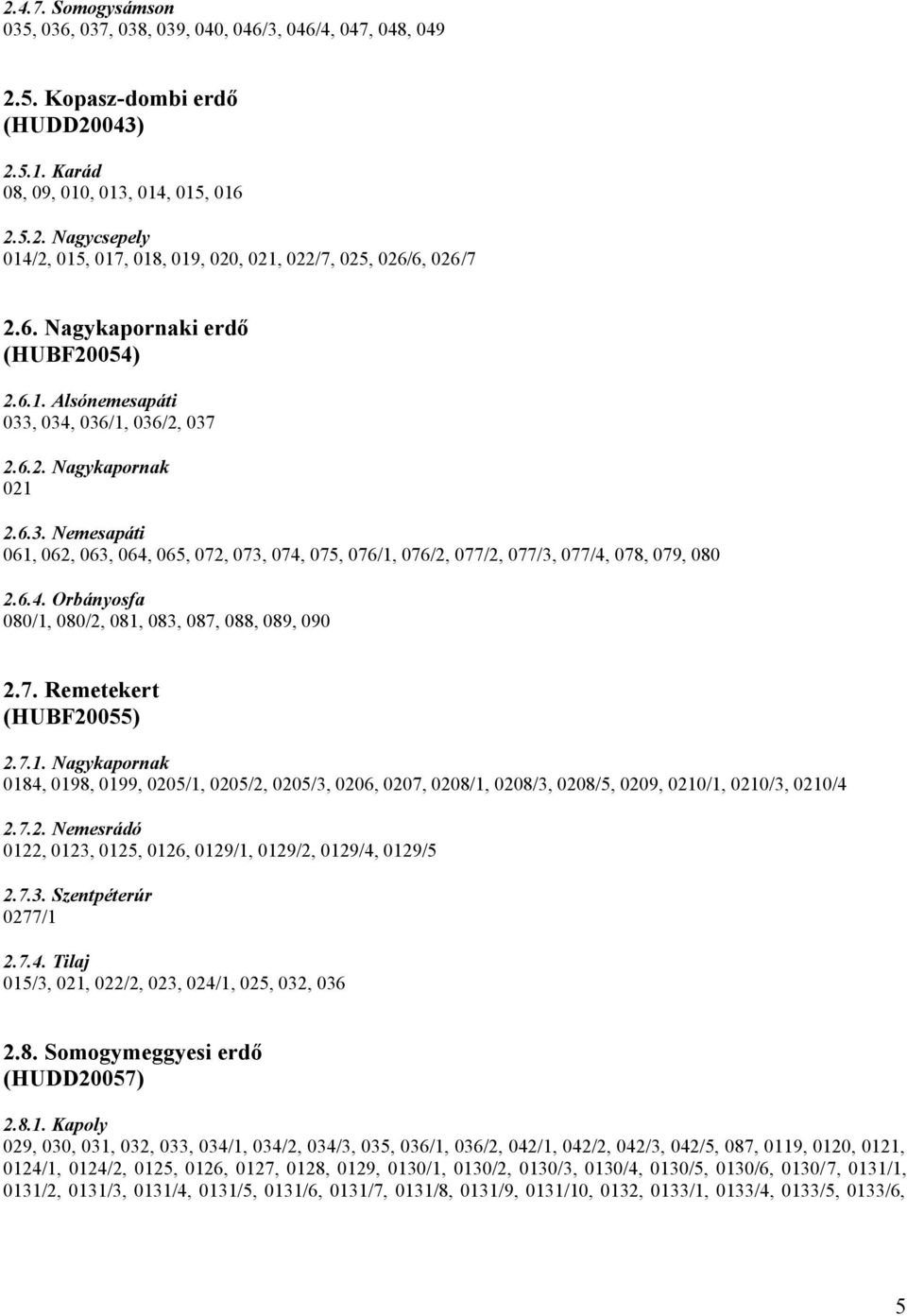 6.4. Orbányosfa 080/1, 080/2, 081, 083, 087, 088, 089, 090 2.7. Remetekert (HUBF20055) 2.7.1. Nagykapornak 0184, 0198, 0199, 0205/1, 0205/2, 0205/3, 0206, 0207, 0208/1, 0208/3, 0208/5, 0209, 0210/1, 0210/3, 0210/4 2.