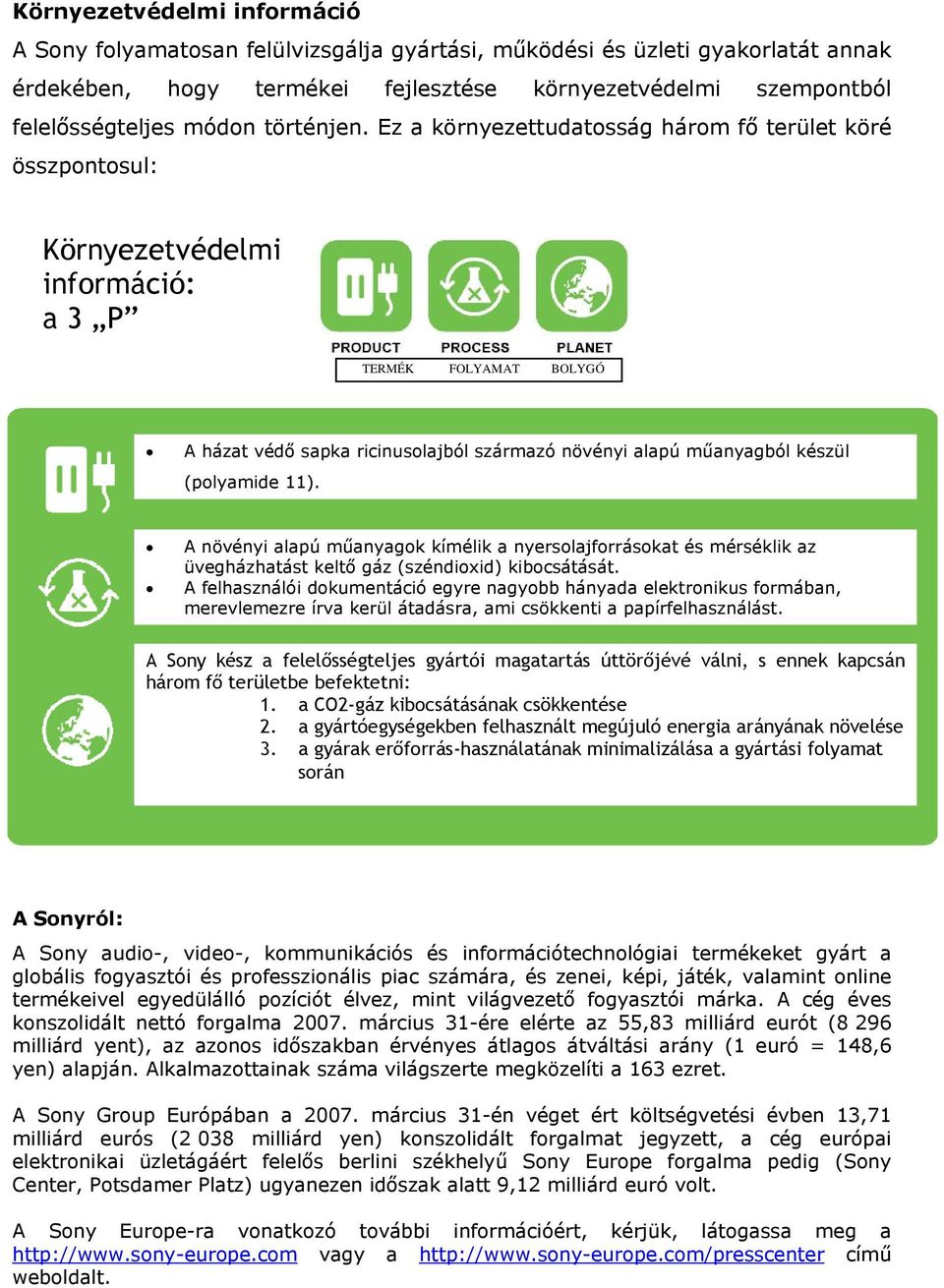 Ez a környezettudatsság hárm fő terület köré összpntsul: Környezetvédelmi infrmáció: a 3 P TERMÉK FOLYAMAT BOLYGÓ A házat védő sapka ricinuslajból származó növényi alapú műanyagból készül (plyamide