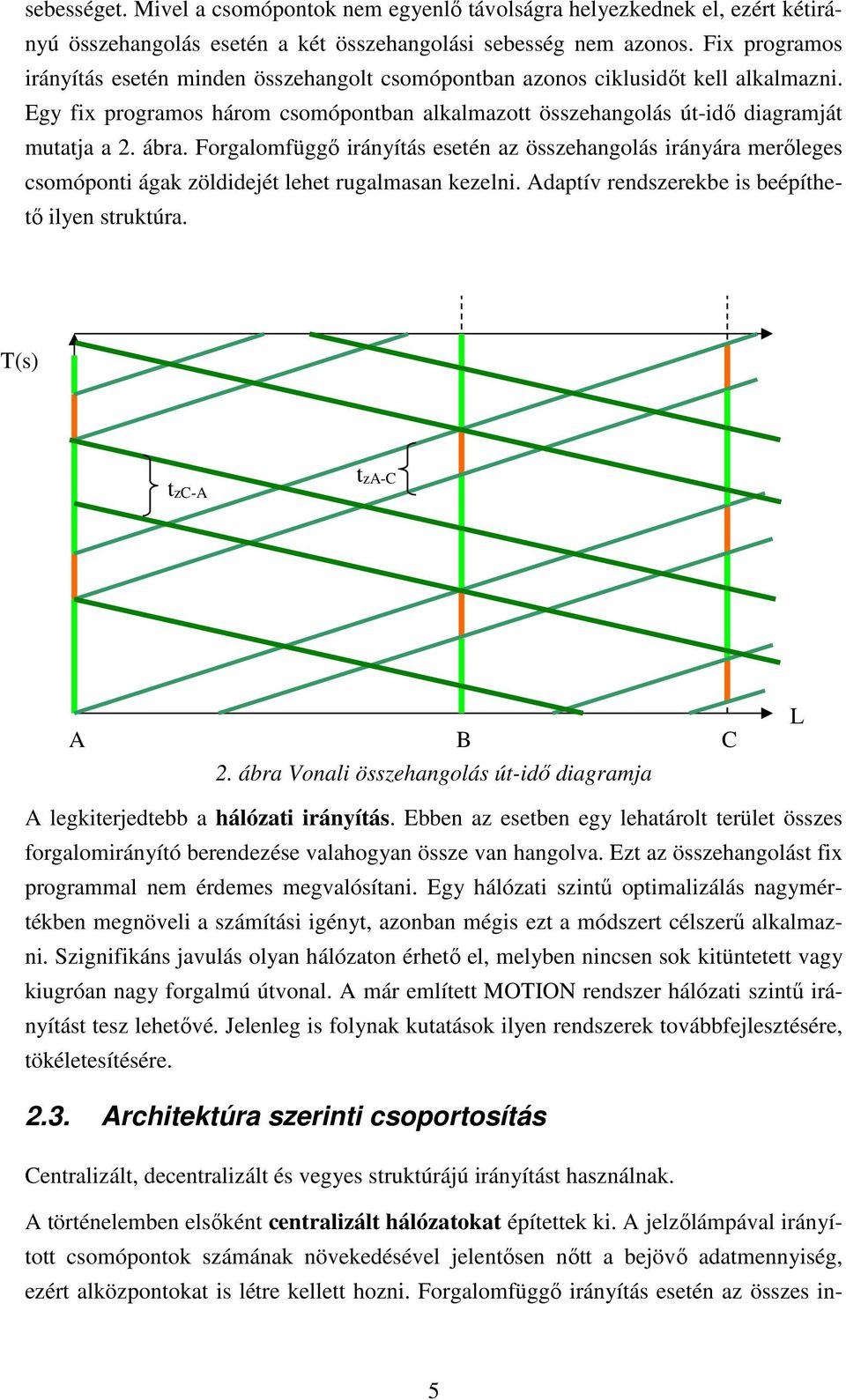 Forgalomfüggő irányítás esetén az összehangolás irányára merőleges csomóponti ágak zöldidejét lehet rugalmasan kezelni. Adaptív rendszerekbe is beépíthető ilyen struktúra. T(s) tzc-a tza-c A B C 2.