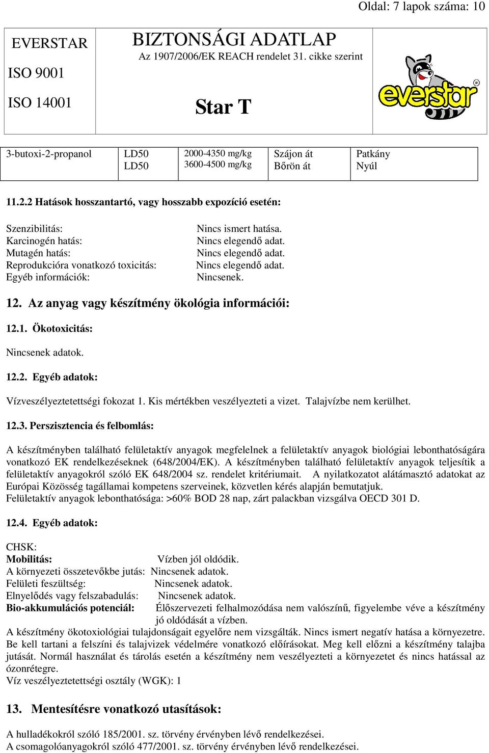 Nincs elegendı adat. Nincs elegendı adat. Nincs elegendı adat. Nincsenek. 12. Az anyag vagy készítmény ökológia információi: 12.1. Ökotoxicitás: Nincsenek adatok. 12.2. Egyéb adatok: Vízveszélyeztetettségi fokozat 1.