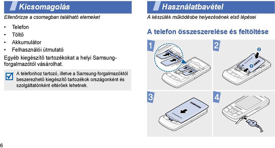 A telefonhoz tartozó, illetve a Samsung-forgalmazóktól beszerezhető kiegészítő tartozékok országonként és