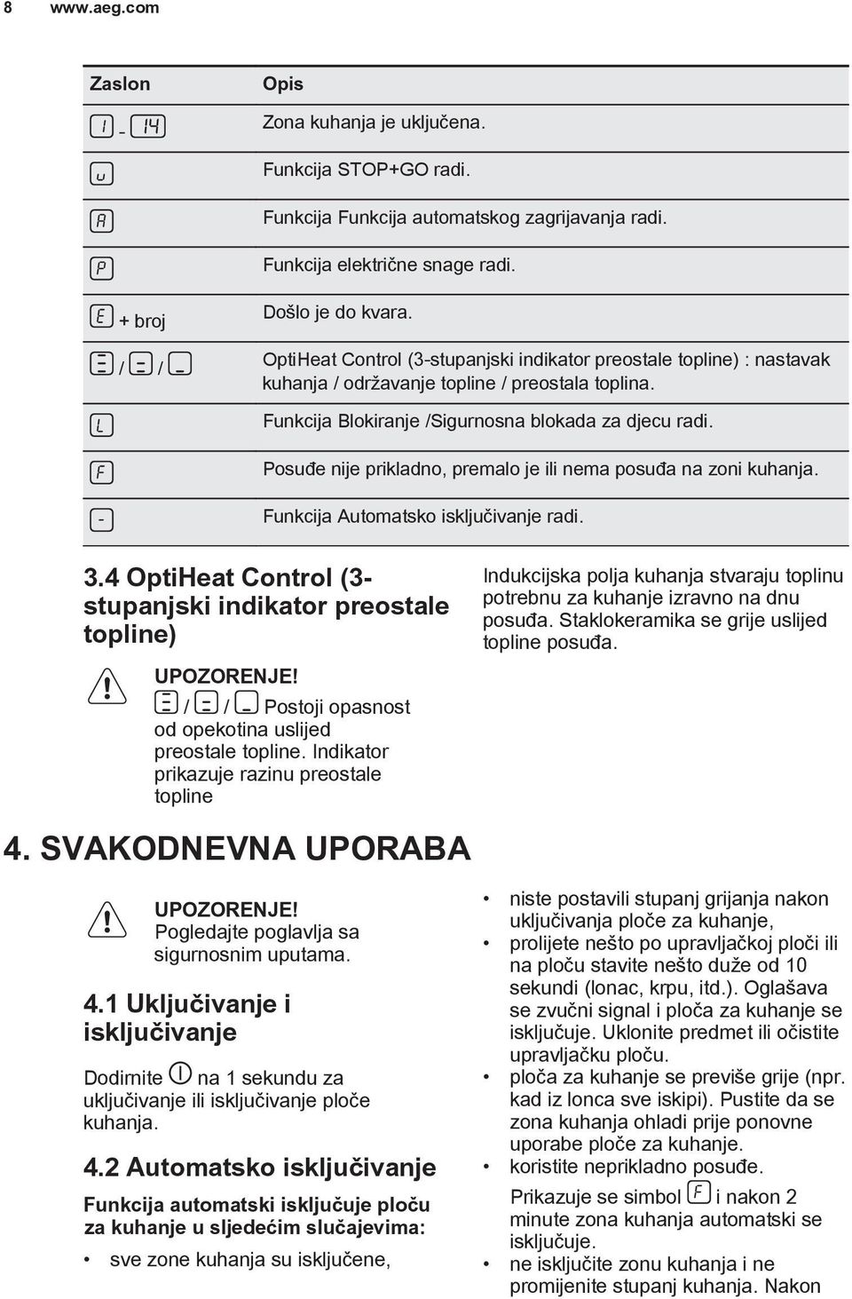 Posuđe nije prikladno, premalo je ili nema posuđa na zoni kuhanja. Funkcija Automatsko isključivanje radi. 3.4 OptiHeat Control (3- stupanjski indikator preostale topline) UPOZORENJE!