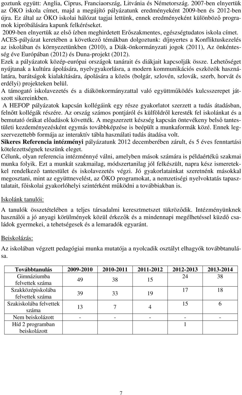 2009-ben elnyertük az első ízben meghirdetett Erőszakmentes, egészségtudatos iskola címet.