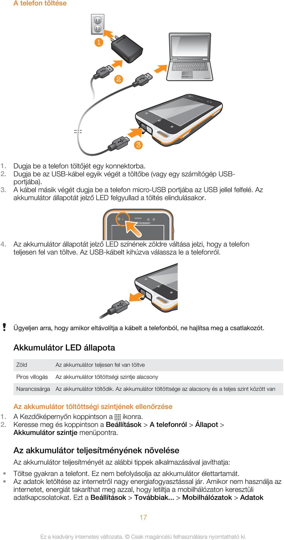 Az USB-kábelt kihúzva válassza le a telefonról. Ügyeljen arra, hogy amikor eltávolítja a kábelt a telefonból, ne hajlítsa meg a csatlakozót.