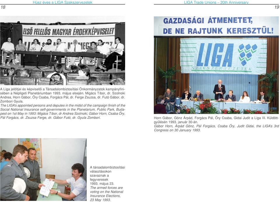The LIGA s appointed persons and deputes in the midst of the campaign finish of the Social National Insurance self-governments in the Planetarium, Public Park, Budapest on 1st May in 1993: Migács