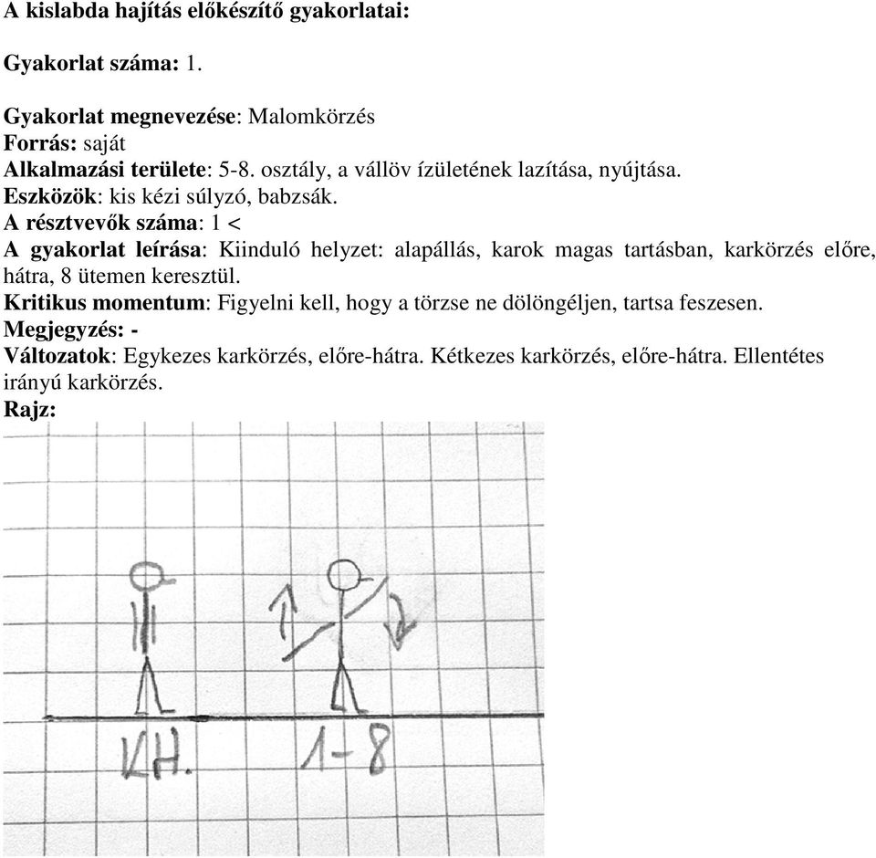 A résztvevők száma: 1 < A gyakorlat leírása: Kiinduló helyzet: alapállás, karok magas tartásban, karkörzés előre, hátra, 8 ütemen keresztül.