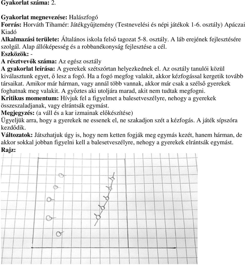 Eszközök: - A résztvevők száma: Az egész osztály A gyakorlat leírása: A gyerekek szétszórtan helyezkednek el. Az osztály tanulói közül kiválasztunk egyet, ő lesz a fogó.