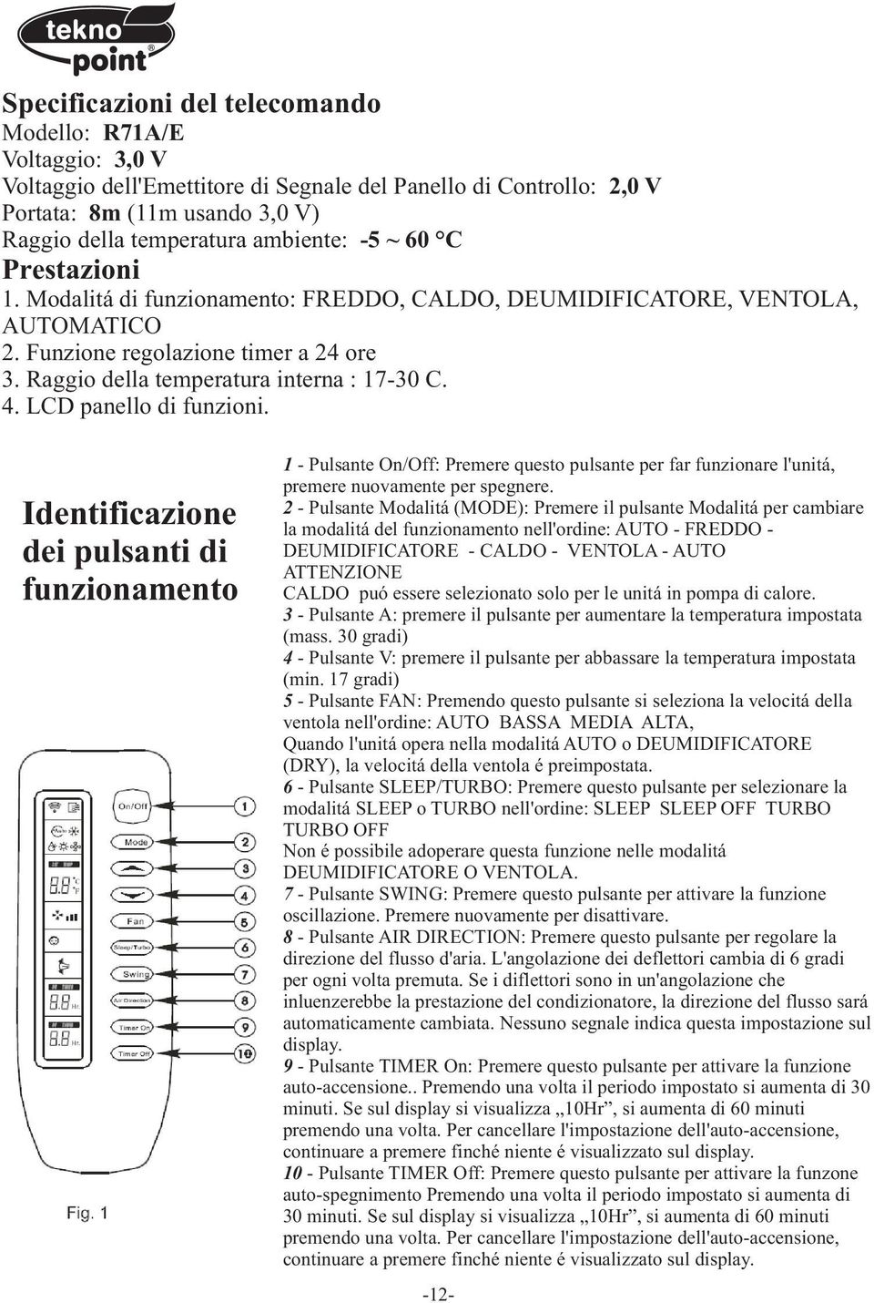 LCD panello di funzioni. Identificazione dei pulsanti di funzionamento 1 - Pulsante On/Off: Premere questo pulsante per far funzionare l'unitá, premere nuovamente per spegnere.