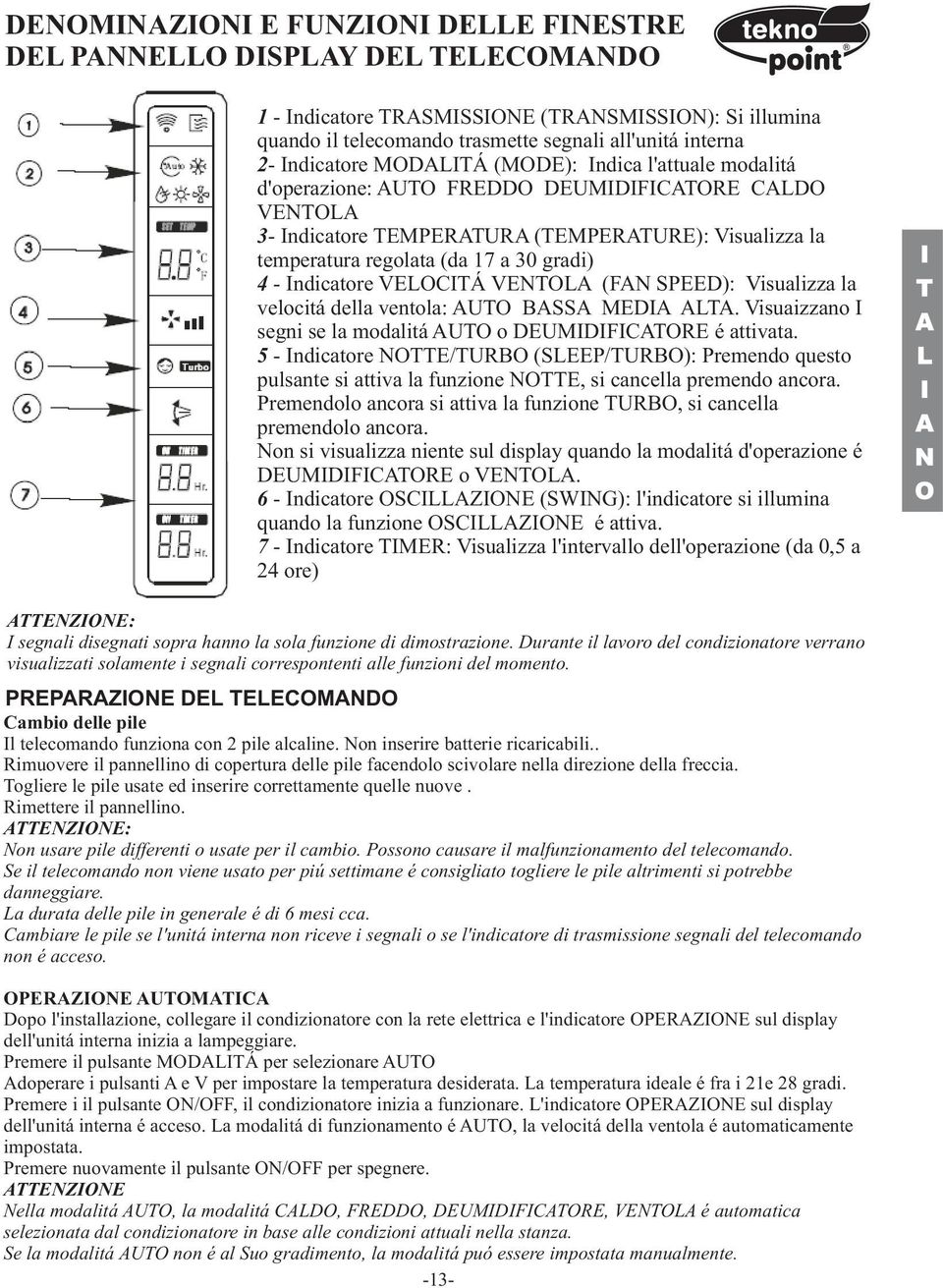 gradi) 4 - Indicatore VELOCITÁ VENTOLA (FAN SPEED): Visualizza la velocitá della ventola: AUTO BASSA MEDIA ALTA. Visuaizzano I segni se la modalitá AUTO o DEUMIDIFICATORE é attivata.