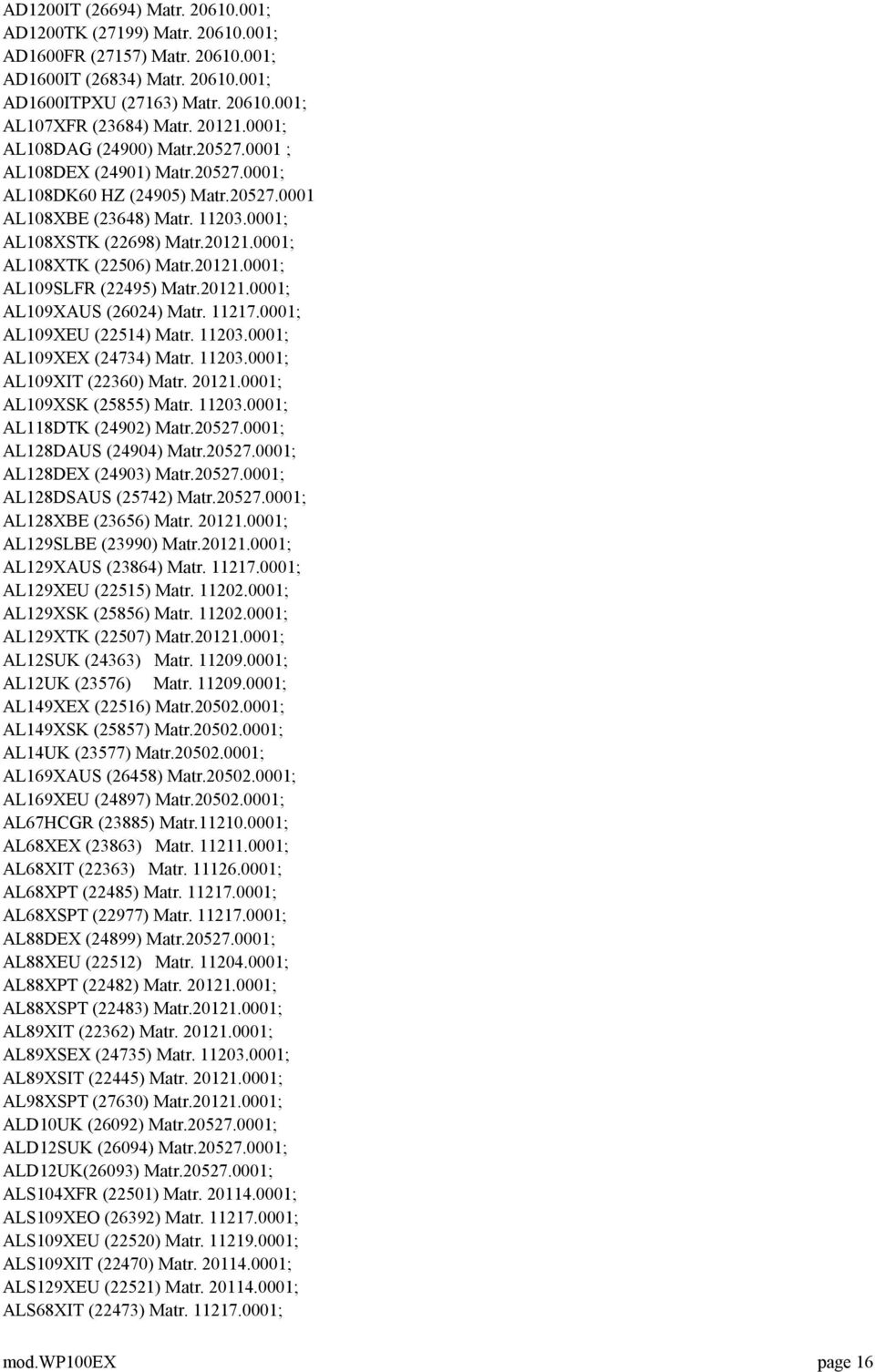 20121.0001; AL109SLFR (22495) Matr.20121.0001; AL109XAUS (26024) Matr. 11217.0001; AL109XEU (22514) Matr. 11203.0001; AL109XEX (24734) Matr. 11203.0001; AL109XIT (22360) Matr. 20121.