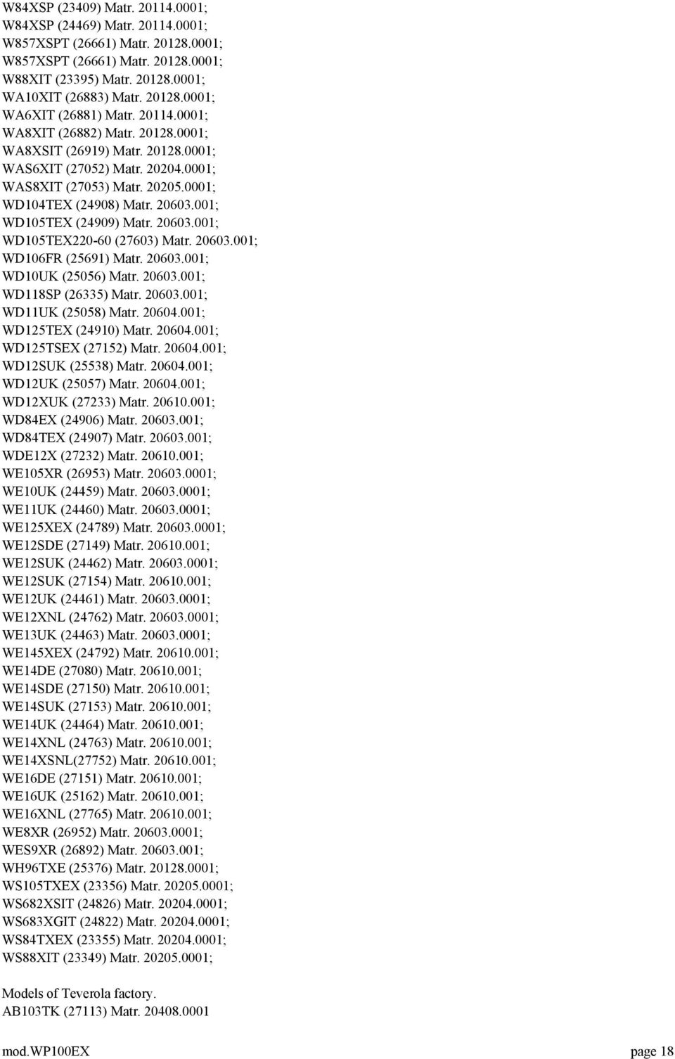 001; WD105TEX (24909) Matr. 20603.001; WD105TEX220-60 (27603) Matr. 20603.001; WD106FR (25691) Matr. 20603.001; WD10UK (25056) Matr. 20603.001; WD118SP (26335) Matr. 20603.001; WD11UK (25058) Matr.