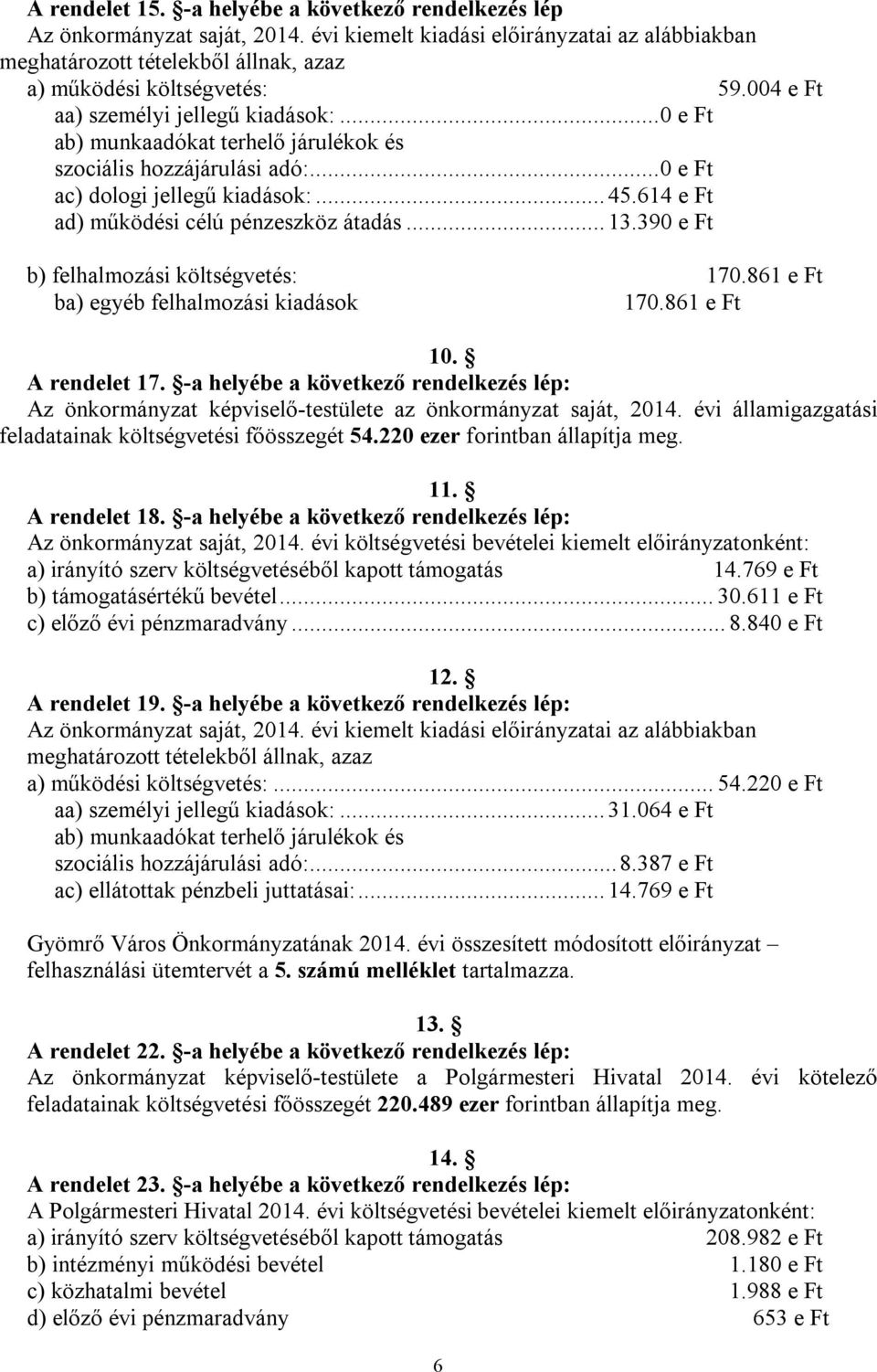 614 e Ft ad) működési célú pénzeszköz átadás... 13.390 e Ft b) felhalmozási költségvetés: 170.861 e Ft ba) egyéb felhalmozási kiadások 170.861 e Ft 10. A rendelet 17.