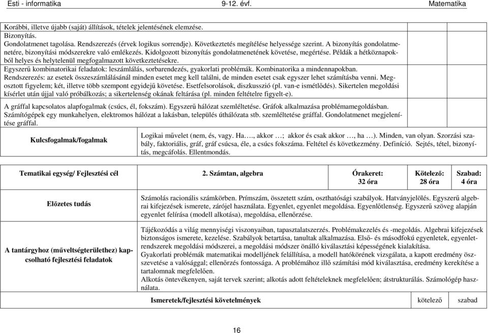 Példák a hétköznapokból helyes és helytelenül megfogalmazott következtetésekre. Egyszerű kombinatorikai feladatok: leszámlálás, sorbarendezés, gyakorlati problémák. Kombinatorika a mindennapokban.