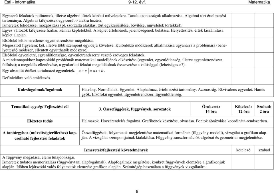 A képlet értelmének, jelentőségének belátása. Helyettesítési érték kiszámítása képlet alapján. Elsőfokú kétismeretlenes egyenletrendszer megoldása.