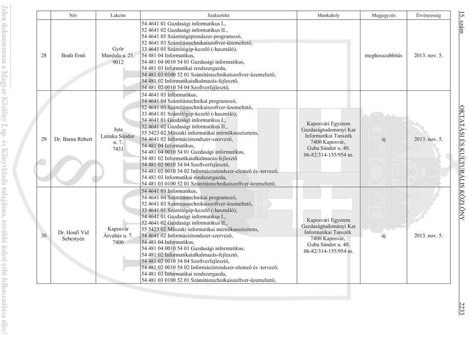 , 54 4641 05 Számítógéprendszer-programozó, 52 4641 03 Számítástechnikaiszoftver-üzemeltetõ, 33 4641 01 Számítógép-kezelõ (-használó), 54 481 04 0010 54 01 Gazdasági informatikus, 54 481 03 0100 52