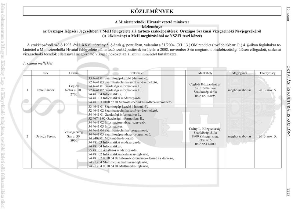 -ában foglaltakra tekintettel a Miniszterelnöki Hivatal felügyelete alá tartozó szakképesítések területén a 2008.