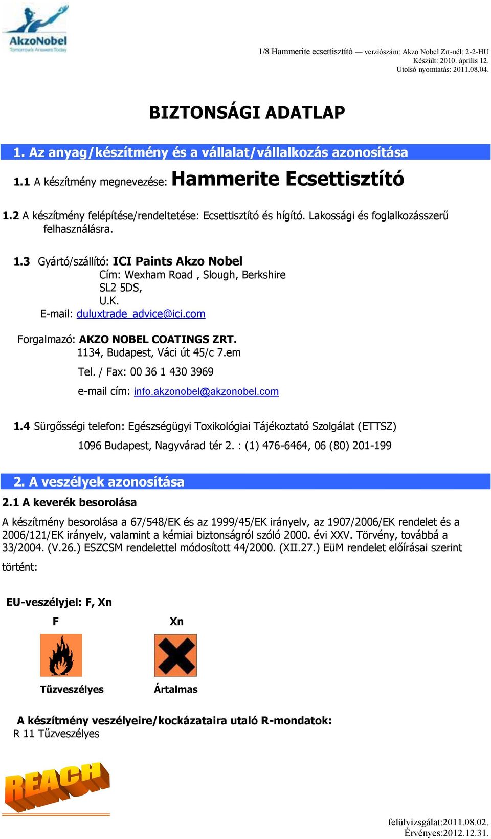 com Forgalmazó: AKZO NOBEL COATINGS ZRT. 1134, Budapest, Váci út 45/c 7.em Tel. / Fax: 00 36 1 430 3969 e-mail cím: info.akzonobel@akzonobel.com 1.