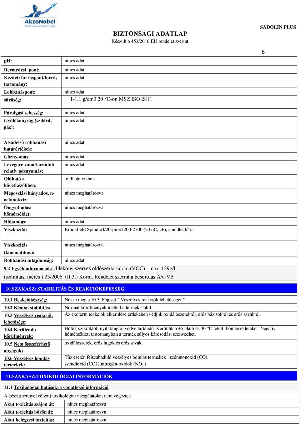 Viszkozitás Brookfield Spindle4/20rpm=2200-2700 (23 oc, cp), spindle 3/4/5 Viszkozitás (kinematikus): Robbanási tulajdonság: 9.2 Egyéb információk:- Illékony szerves oldószertartalom (VOC) : max.