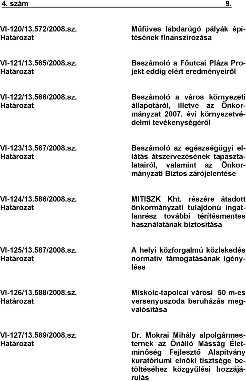 586/2008.sz. Határozat MITISZK Kht. részére átadott önkormányzati tulajdonú ingatlanrész további térítésmentes használatának biztosítása VI-125/13.587/2008.sz. Határozat A helyi közforgalmú közlekedés normatív támogatásának igénylése VI-126/13.