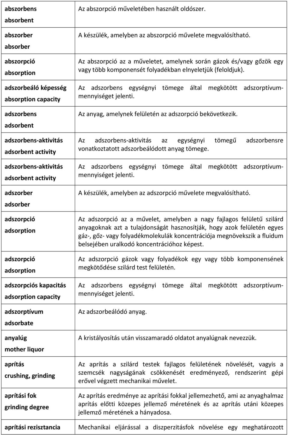 grinding degree aprítási rezisztancia Az abszorpció műveletében használt oldószer. A készülék, amelyben az abszorpció művelete megvalósítható.