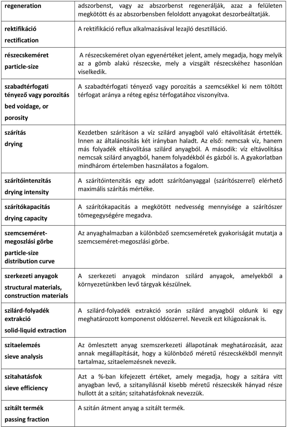 extraction szitaelemzés sieve analysis szitahatásfok sieve efficiency szitált termék passing fraction adszorbenst, vagy az abszorbenst regenerálják, azaz a felületen megkötött és az abszorbensben