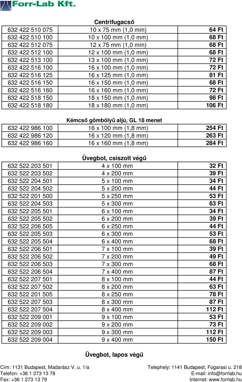 632 422 518 150 18 x 150 mm (1,0 mm) 98 Ft 632 422 518 180 18 x 180 mm (1,0 mm) 106 Ft Kémcső gömbölyű aljú, GL 18 menet 632 422 986 100 16 x 100 mm (1,8 mm) 254 Ft 632 422 986 120 16 x 120 mm (1,8