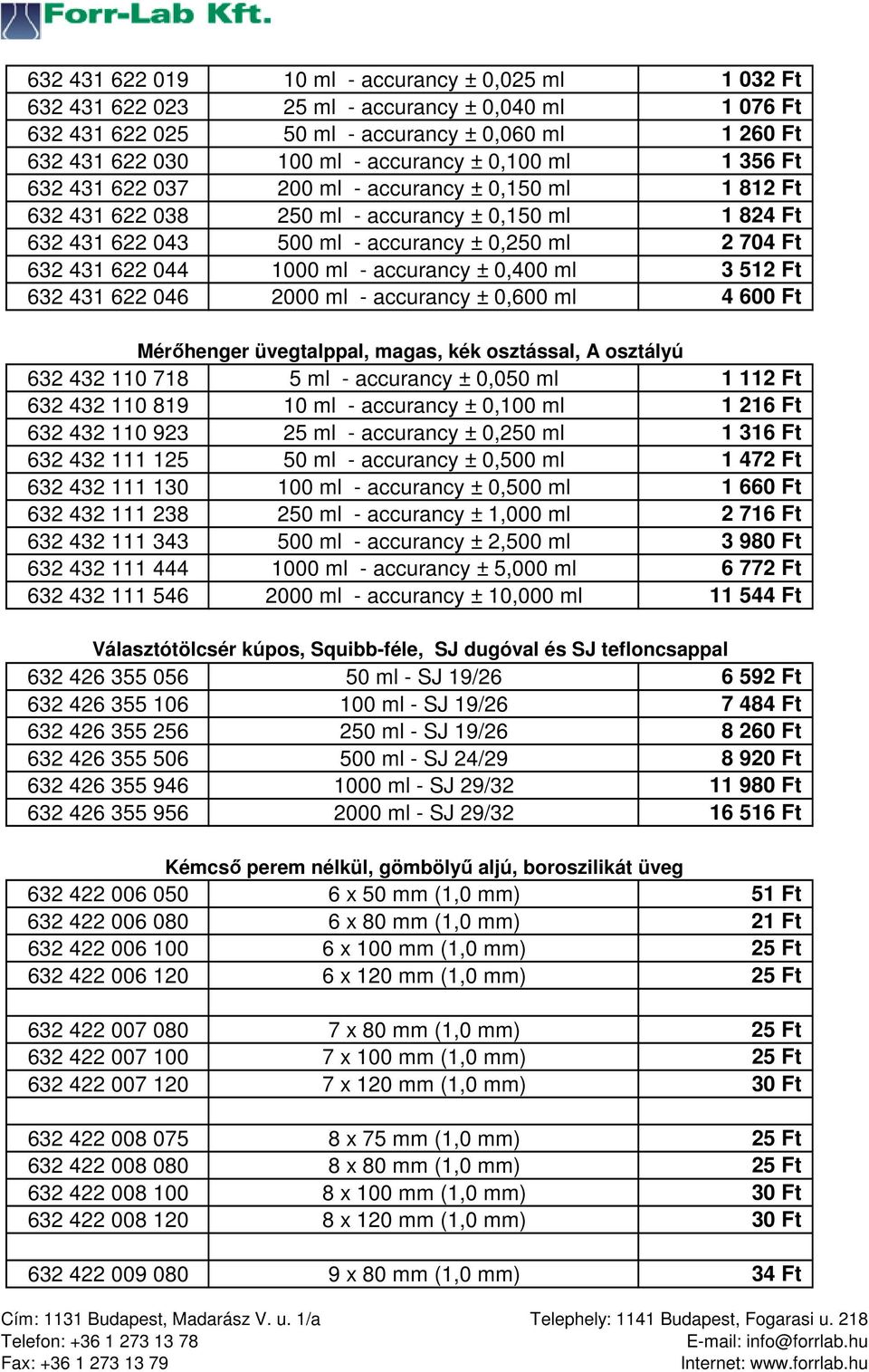 1000 ml - accurancy ± 0,400 ml 3 512 Ft 632 431 622 046 2000 ml - accurancy ± 0,600 ml 4 600 Ft Mérőhenger üvegtalppal, magas, kék osztással, A osztályú 632 432 110 718 5 ml - accurancy ± 0,050 ml 1