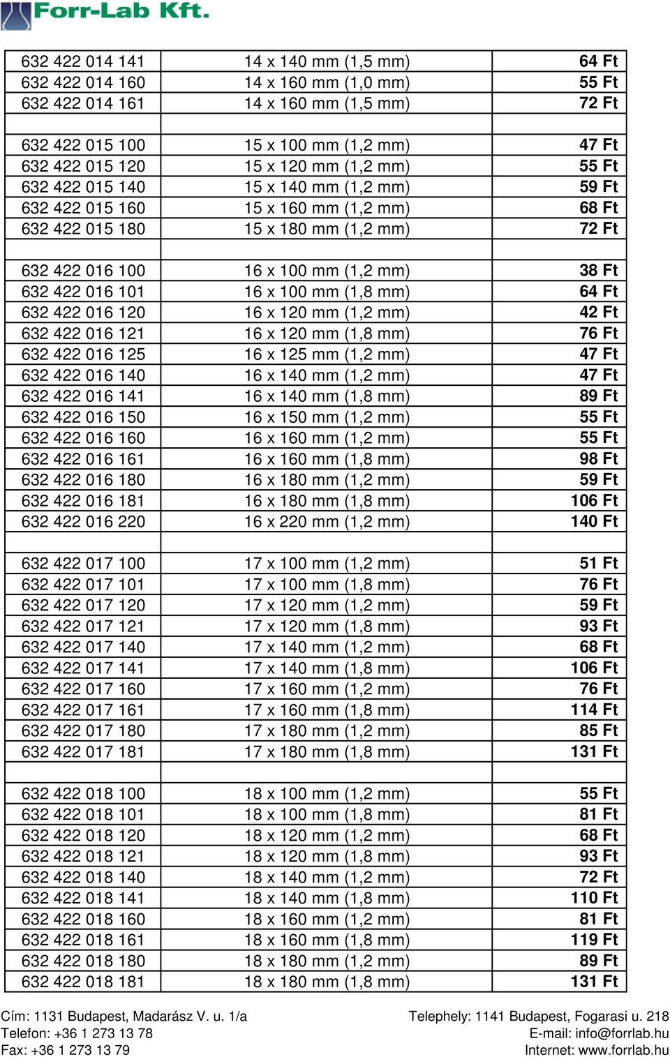 101 16 x 100 mm (1,8 mm) 64 Ft 632 422 016 120 16 x 120 mm (1,2 mm) 42 Ft 632 422 016 121 16 x 120 mm (1,8 mm) 76 Ft 632 422 016 125 16 x 125 mm (1,2 mm) 47 Ft 632 422 016 140 16 x 140 mm (1,2 mm) 47