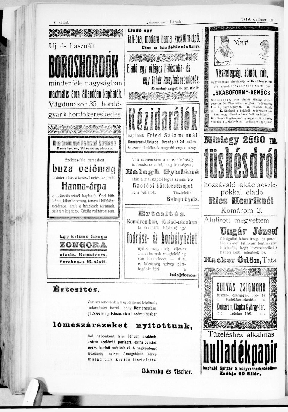 f 2 " Vn Székács-féle nemesített buz ueíőmg szerencsén - Bl; 4 Hnn-árp fzet nem szövetkezenél kophtó, ösz bük köny, bborheremg. tvsz bfkköng uetömg, mg kztetek trtnk, szntén kphtó. Tűzf rktáron un.