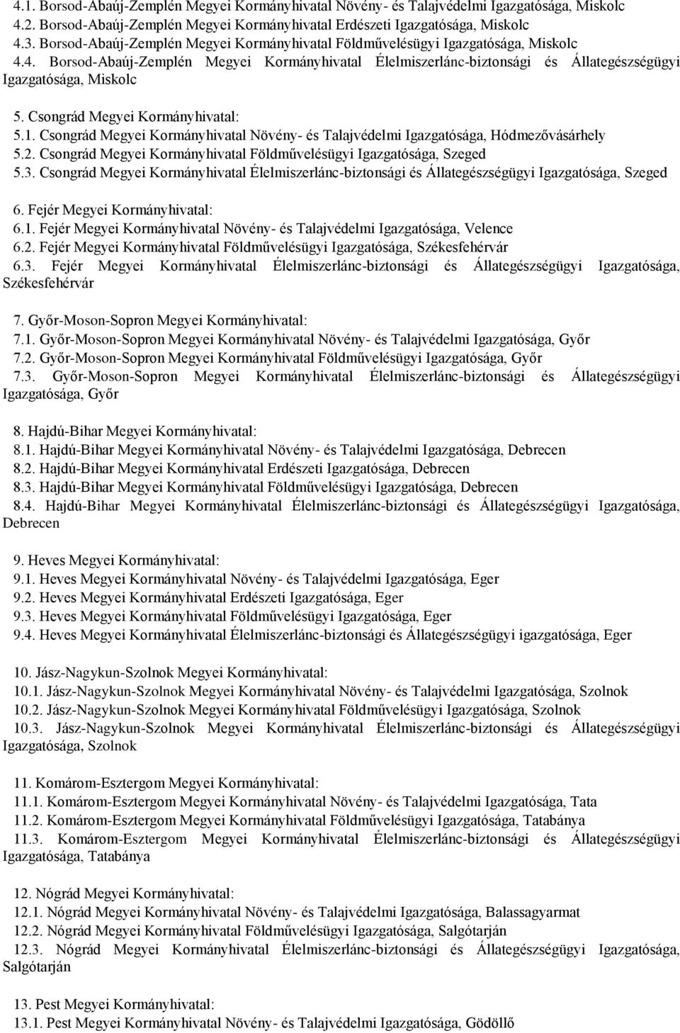 Csongrád Megyei Kormányhivatal: 5.1. Csongrád Megyei Kormányhivatal Növény- és Talajvédelmi Igazgatósága, Hódmezővásárhely 5.2. Csongrád Megyei Kormányhivatal Földművelésügyi Igazgatósága, Szeged 5.3.